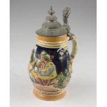 TANKARD IN CERAMICS, 20TH CENTURY in polycromy decorated with scene of inn. Cover in pewter.