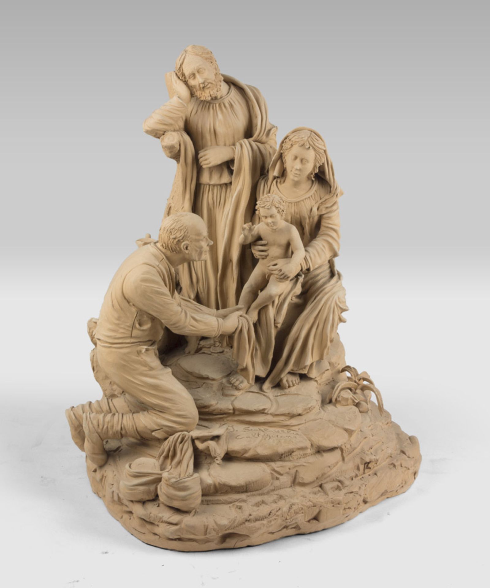 SICILIAN SCULPTOR, EARLY 20TH CENTURY Holy family with shepherd Group in earthenware, cm. 62 x 44