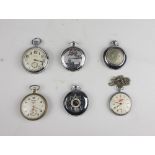 SIX POCKET CLOCKS, RUSSIA EARLY 20TH CENTURY with box in metal silver and bronze. One with Russian