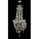 BEAUTIFUL GLASS CHANDELIER, PROBABLY MURANO EARLY 20TH CENTURY with stem in gilded metal and rows of