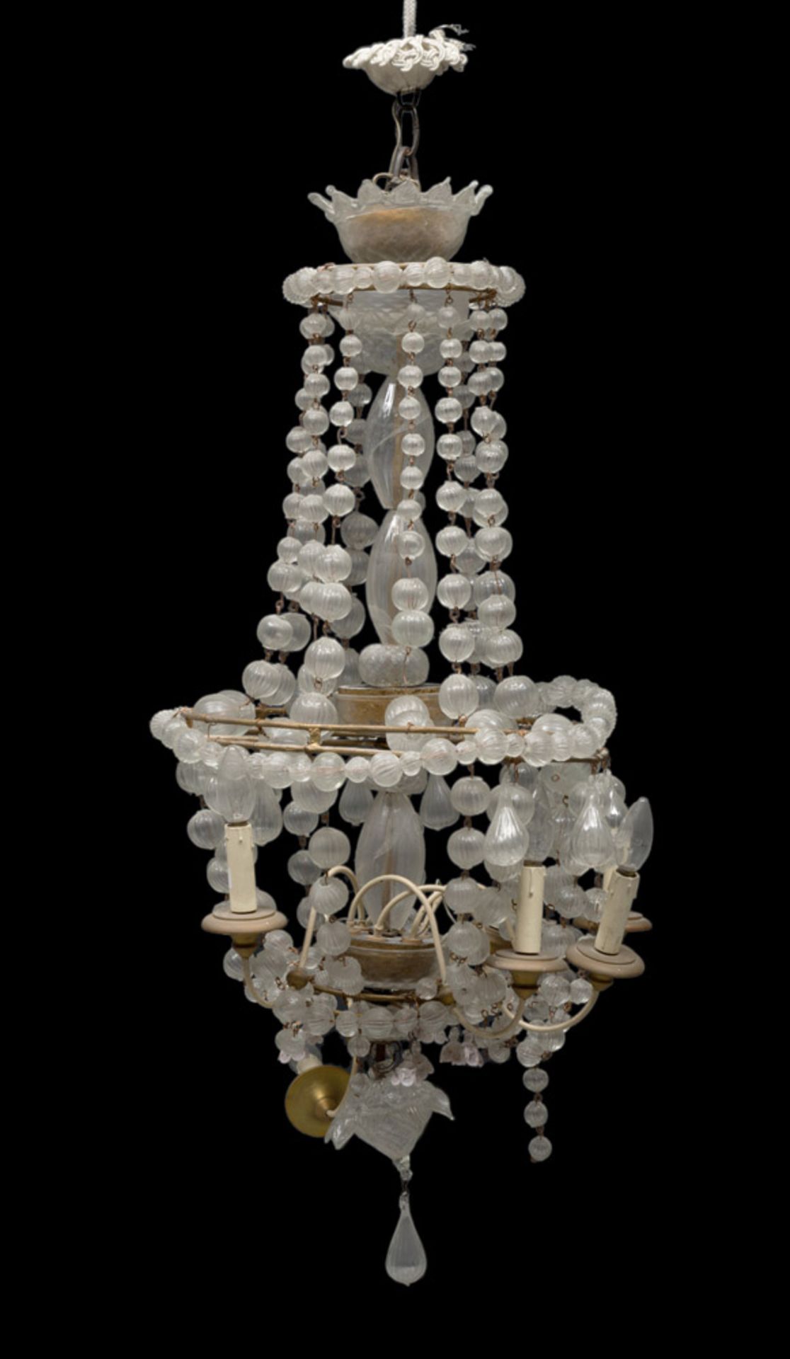 BEAUTIFUL GLASS CHANDELIER, PROBABLY MURANO EARLY 20TH CENTURY with stem in gilded metal and rows of