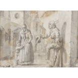 EUROPEAN PAINTER, 19TH CENTURY SCENE OF ALMS Monochrome water-color on paper, cm. 19 x 26 Signed and