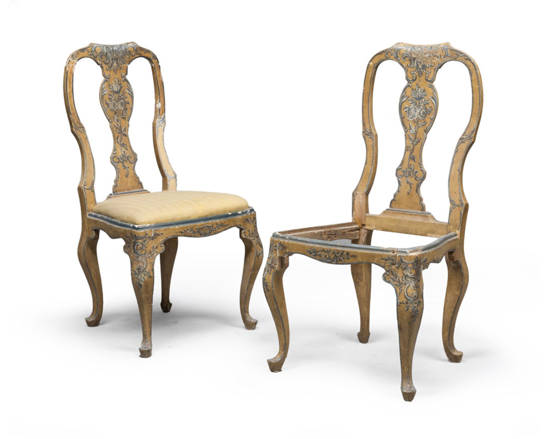 A PAIR OF LACQUERED WOOD CHAIRS, VENICE 18TH CENTURY yellow ground decorated with leaves and