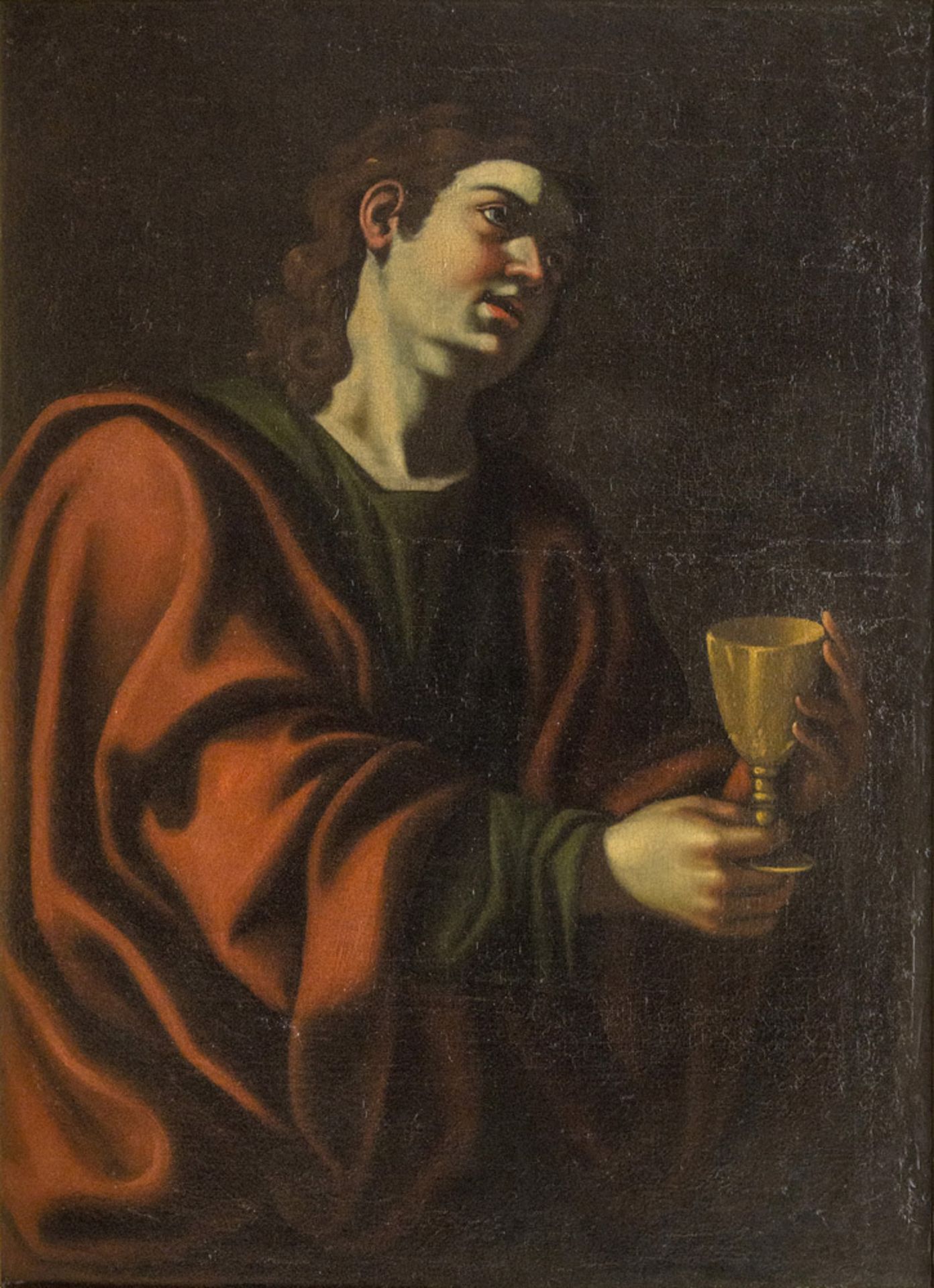 PAINTER CARAVAGGESCO, 17TH CENTURY ST. JOHN EVANGELIST Oil on canvas, cm. 98 x 73 Gilded frame