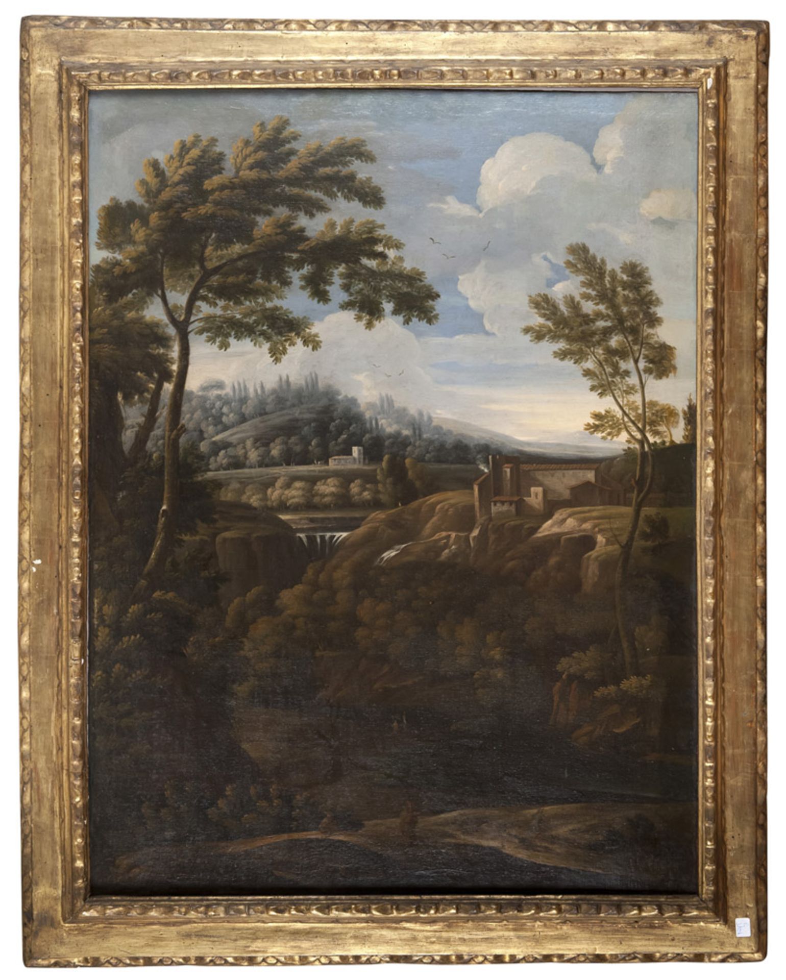 DOMENICO DE MARCHIS called IL TEMPESTINO (Firenze 1652 - 1718) VIEW WITH WATERFALL AND WAYFARERS Oil