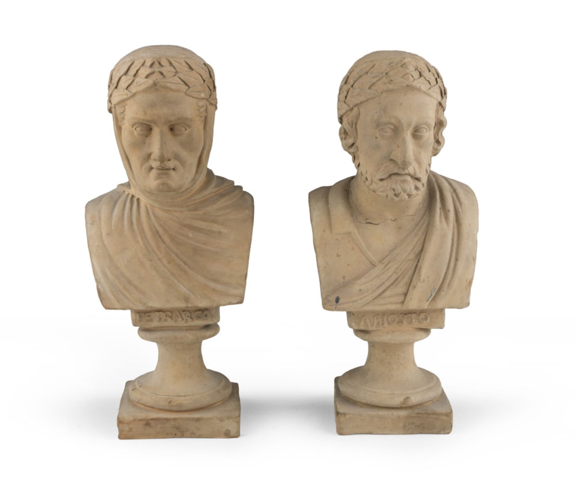 A PAIR OF EARTHENWARE BUSTS, 19TH CENTURY Representings Petrarca and Ariosto. Measures cm. 20 x 10 x