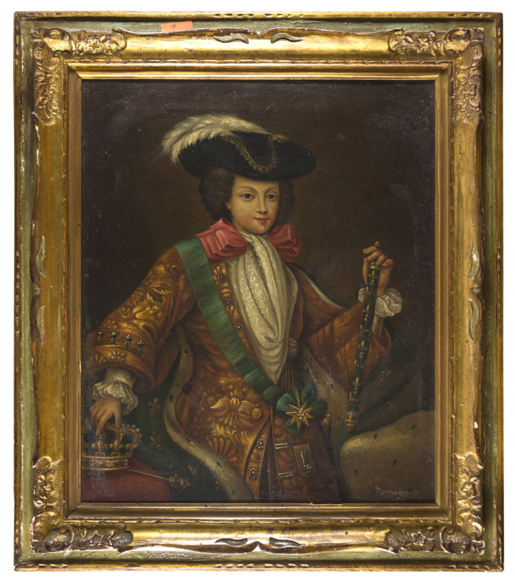 FRENCH PAINTER, 18TH CENTURY PORTRAIT OF YOUNG NOBLEMAN WITH CROWN AND SCEPTER Oil on canvas, cm. 61