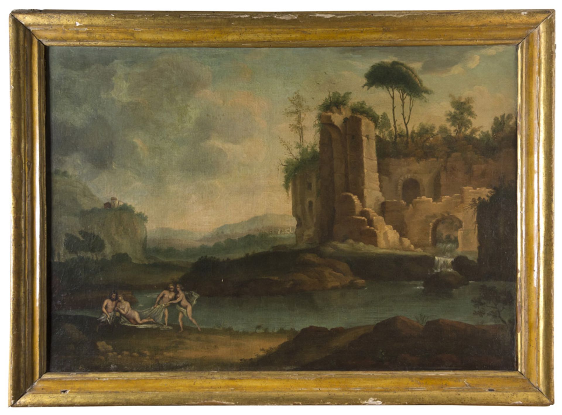 NICOLA VISO, follower of (Active in Naples 18th century) LANDSCAPE WITH ROVINE AND BAGNANTI Oil on