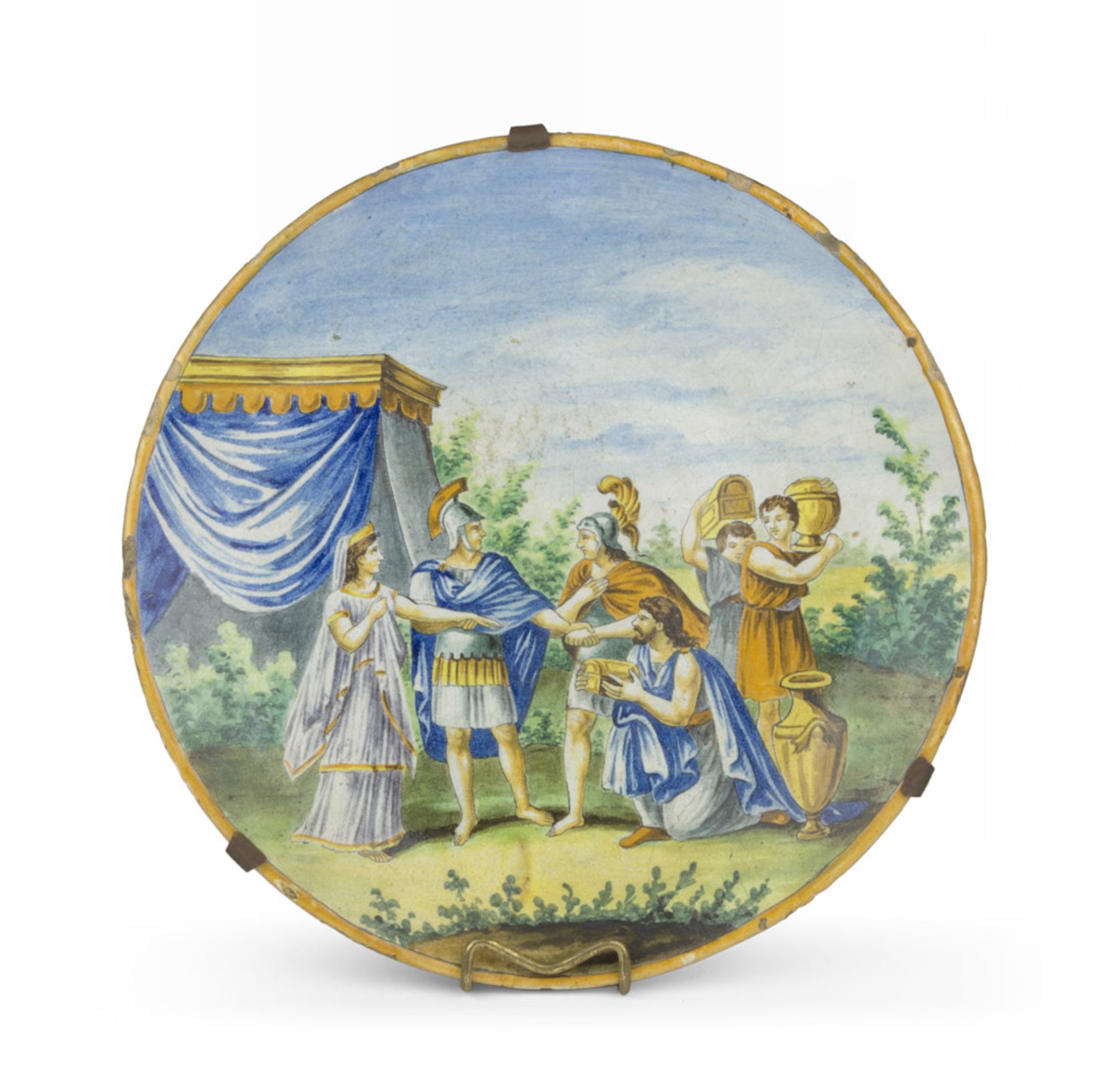 MAIOLICA DISH , PROBABLY CASTLES EARLY 20TH CENTURY in polychromy, with scene representing Alexander