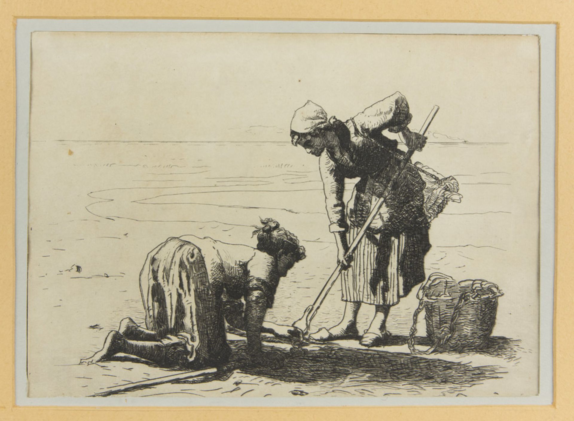 EUROPEAN ENGRAVER, EARLY 20TH CENTURY COLLECTORS OF MUSSELS Engraving, cm. 21 x 30 Framed INCISORE