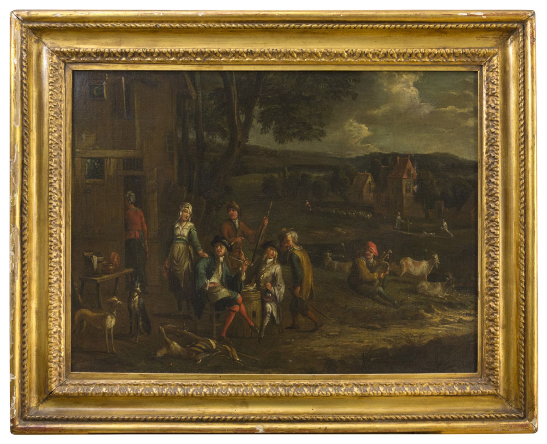 FLEMISH PAINTER, 18TH CENTURY WAYFARERS NEAR AN INN Oil on canvas, cm. 51 x 66 CONDITION Old re-