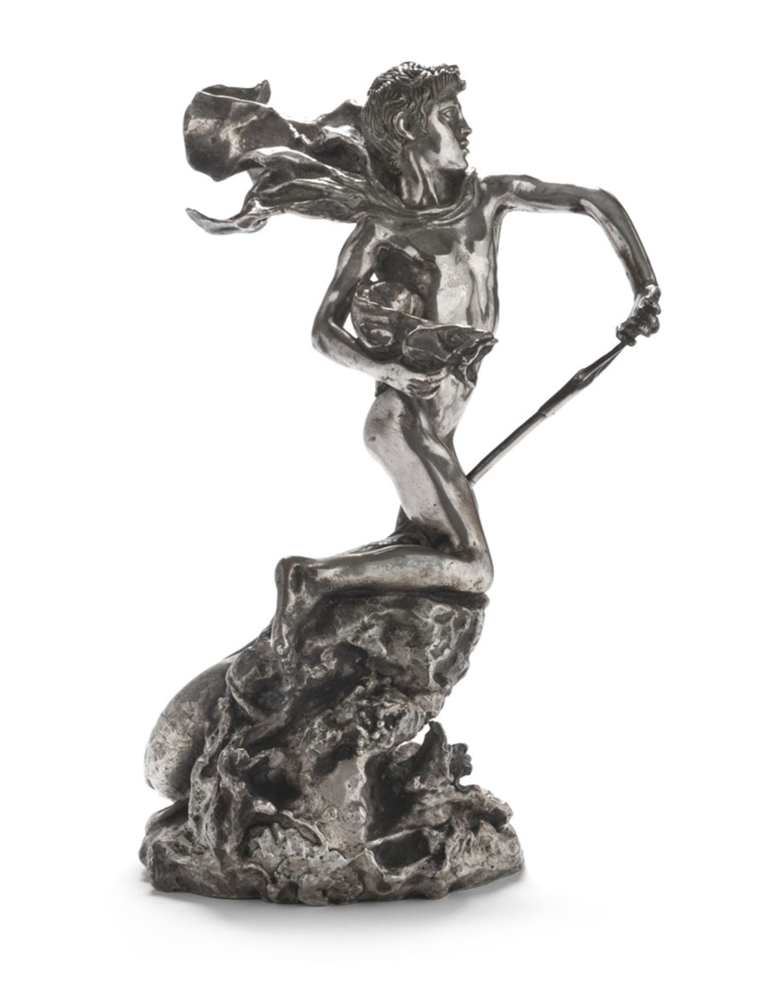 VINCENT GEMITO (Naples 1852 - 1929) NEPTUNE a silver-plated bronze group, cm. 35 x 20 x 21 Signed on