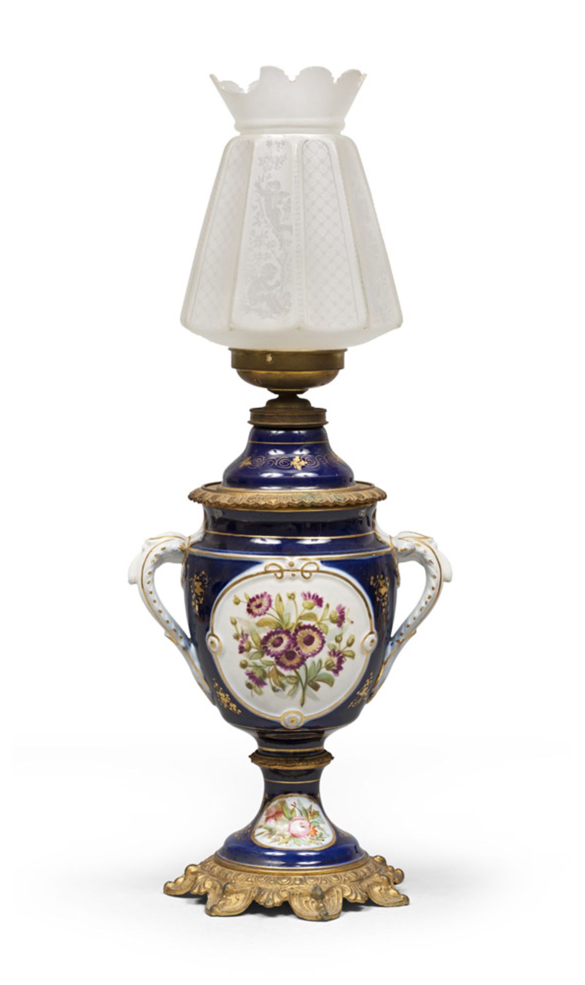 PORCELAIN LIGHT, PROBABLY SEVRES, LATE 19TH CENTURY in cobalt blue enamel, polychromy and gold