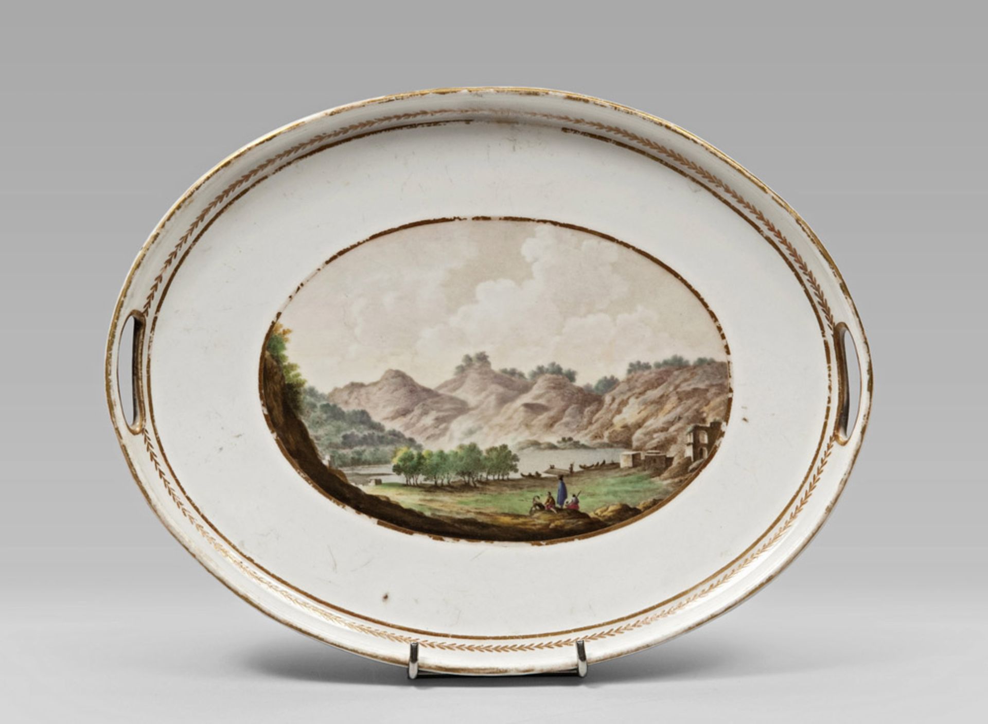 SMALL PORCELAIN TRAY, NAPLES FIRST FOURTH 19TH CENTURY to white enamel and polychrome centered by