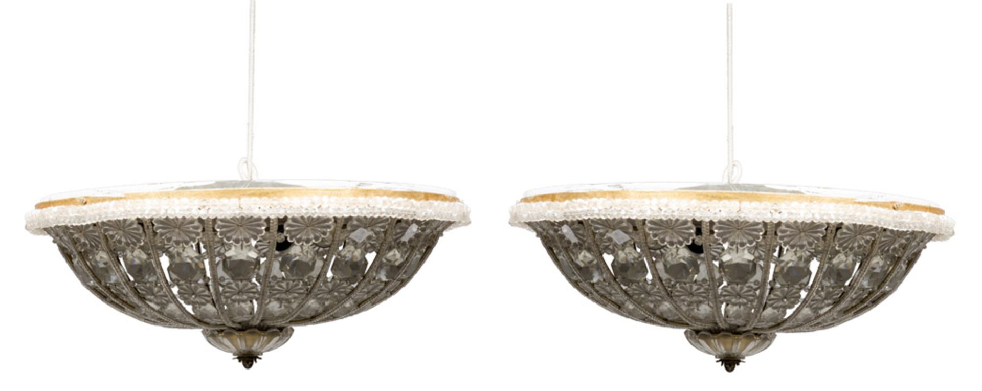A PAIR OF CEILING LIGHTS, EARLY 20TH CENTURY cap with rows of prisms and daisies in grinded glasses.
