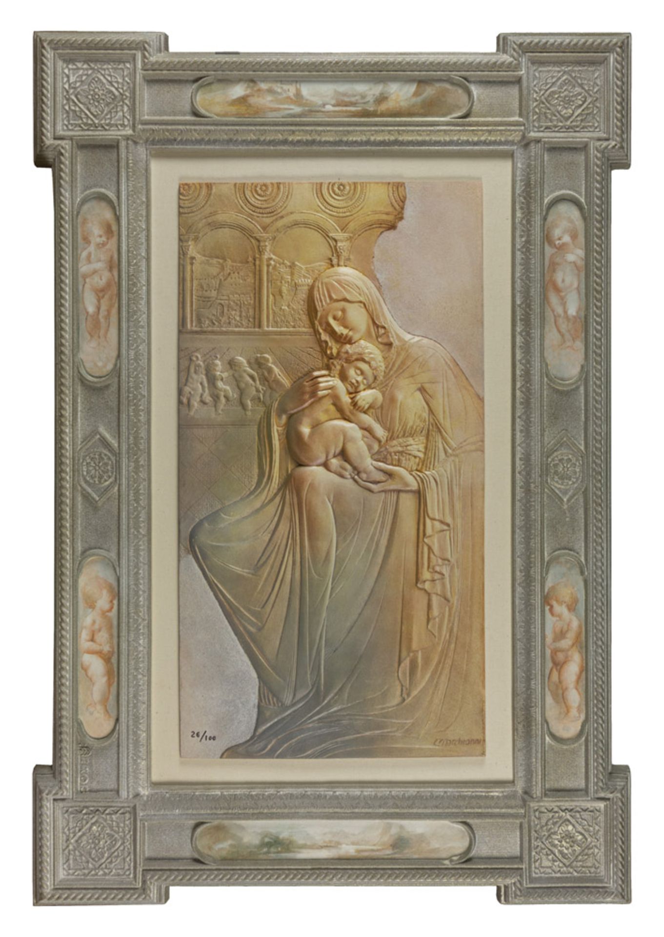 ELVIO MARCHIONNI (Spello 1944) MADONNA AND CHILD Bas-relief sculpture in plaster on tablet, cm. 64 x