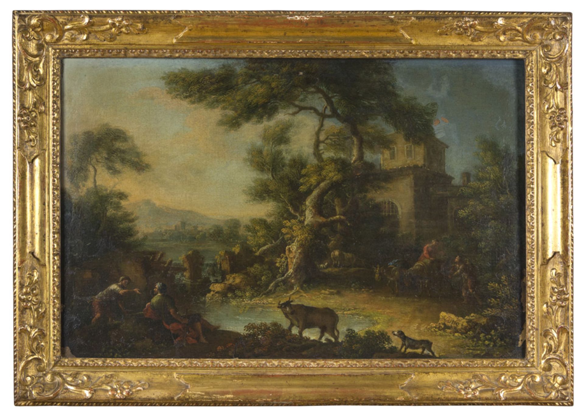 NICOLA VISO (Naples, 18th century) RIVER LANDSCAPE WITH WAYFARERS Oil on canvas, cm. 49 x 65
