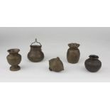 FIVE SMALL BRONZE CONTAINERS, INDIA FIRST HALF 20TH CENTURY