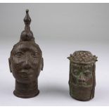 AN ONI AND A FEMALE BRONZE HEAD, BENIN, NIGERIA 20TH CENTURY