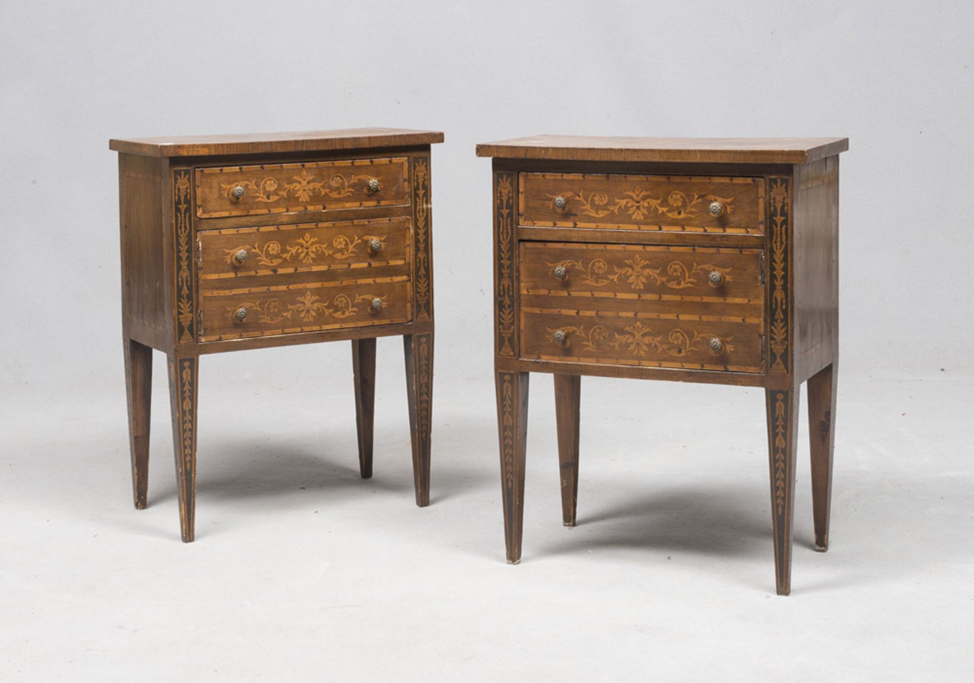 PAIR OF BEDSIDES, LOMBARDY END 19TH CENTURY of eighteenth-century style, in walnut-dyed wood with