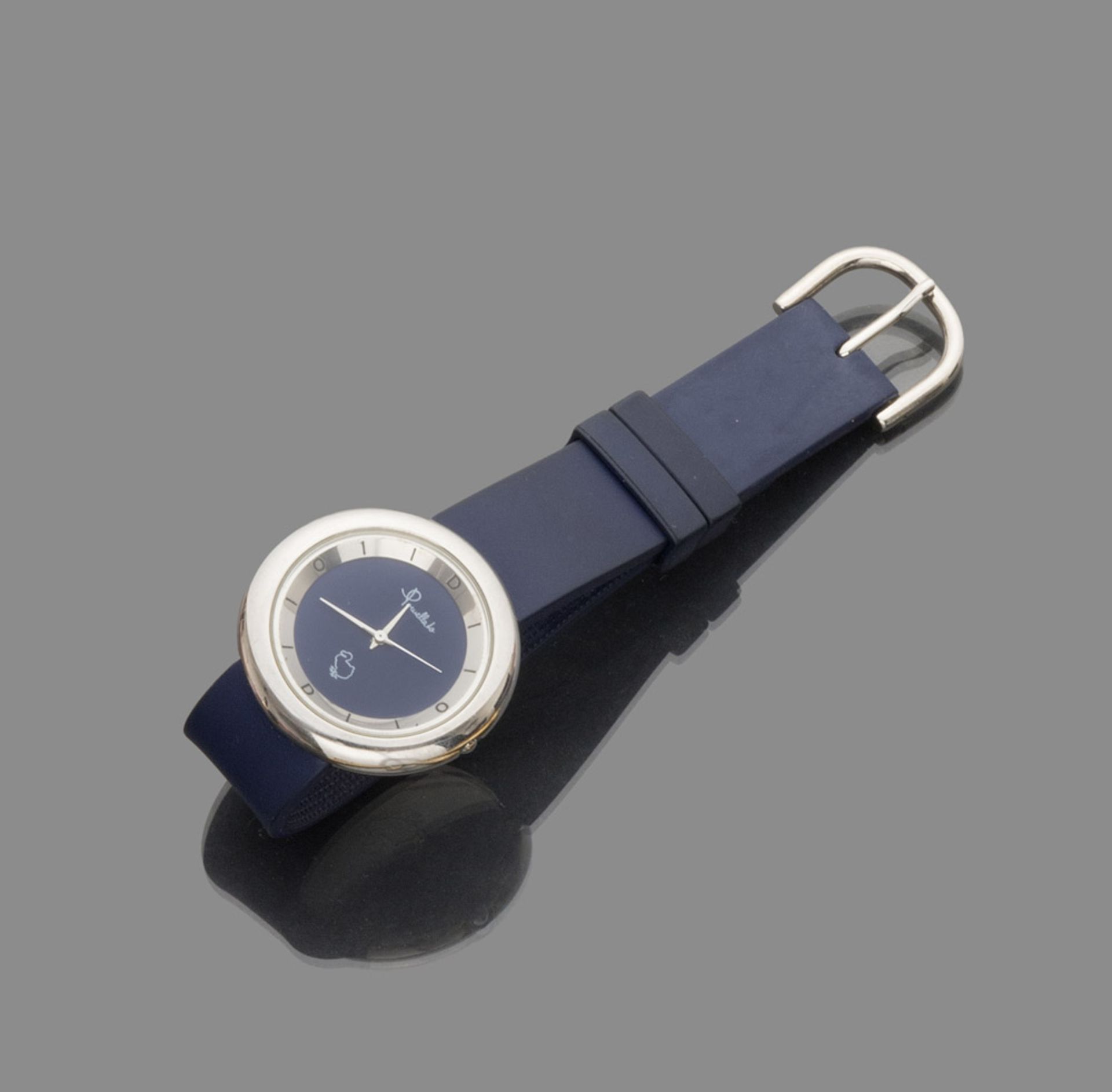 WRIST WATCH, BRAND POMELLATO steel case, automatic movement and blue glazed dial. Blue rubber strap.
