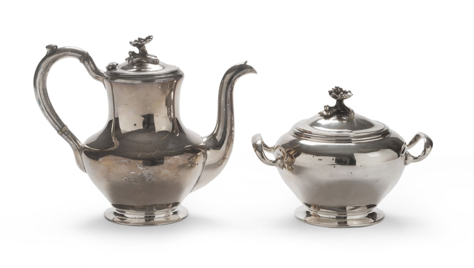 SILVER SUGAR BOWL AND TEAPOT, PUNCH ST. PETERSBURG 1858 smooth body, with flower on the cover.