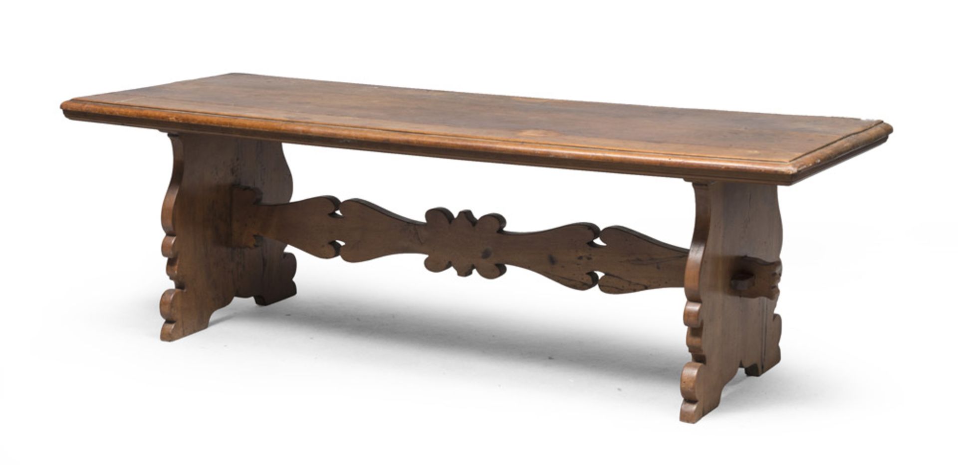 WALNUT LIVING TABLE, ANTIQUE ELEMENTS with lyre uprights. Top of the 18th century. Measures cm. 50 x