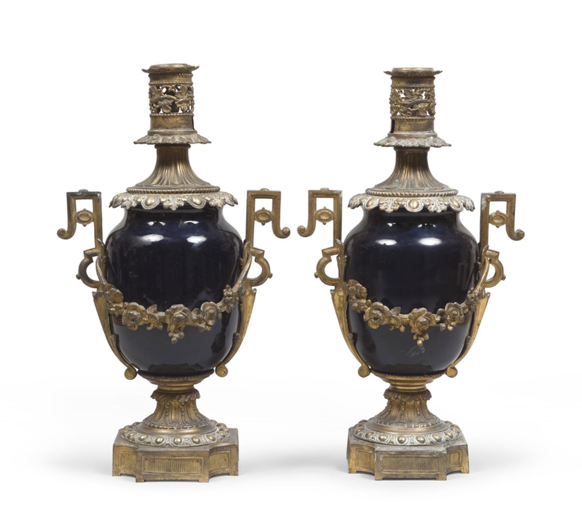 A PAIR OF BRONZE MOUNTED PORCELAIN VASES, 19TH CENTURY with banister body. Handles applied with