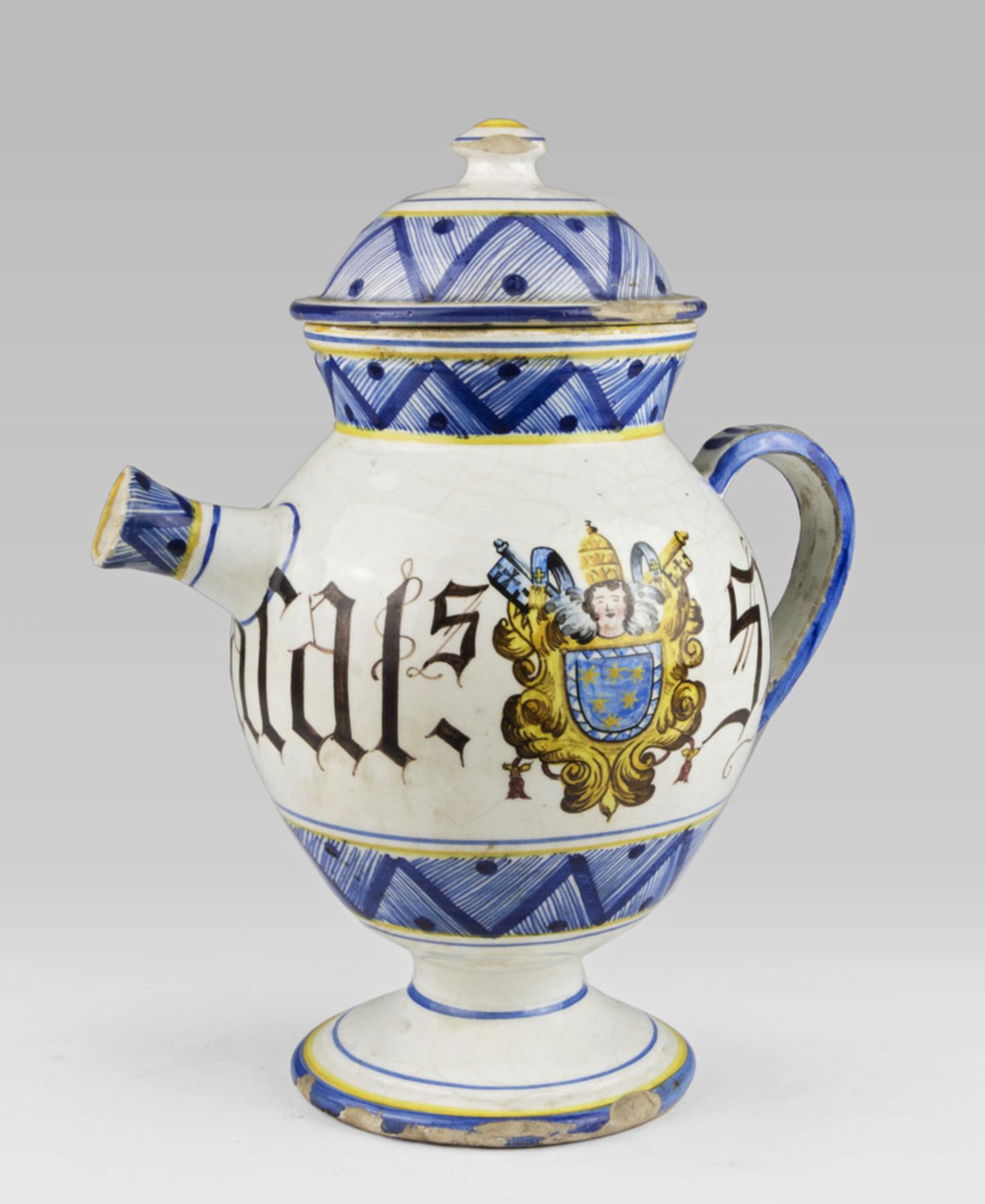 MAIOLICA PITCHER, CAMPANIAN WORKSHOP EARLY 19TH CENTURY of white, cobalt and ochre enamel, with