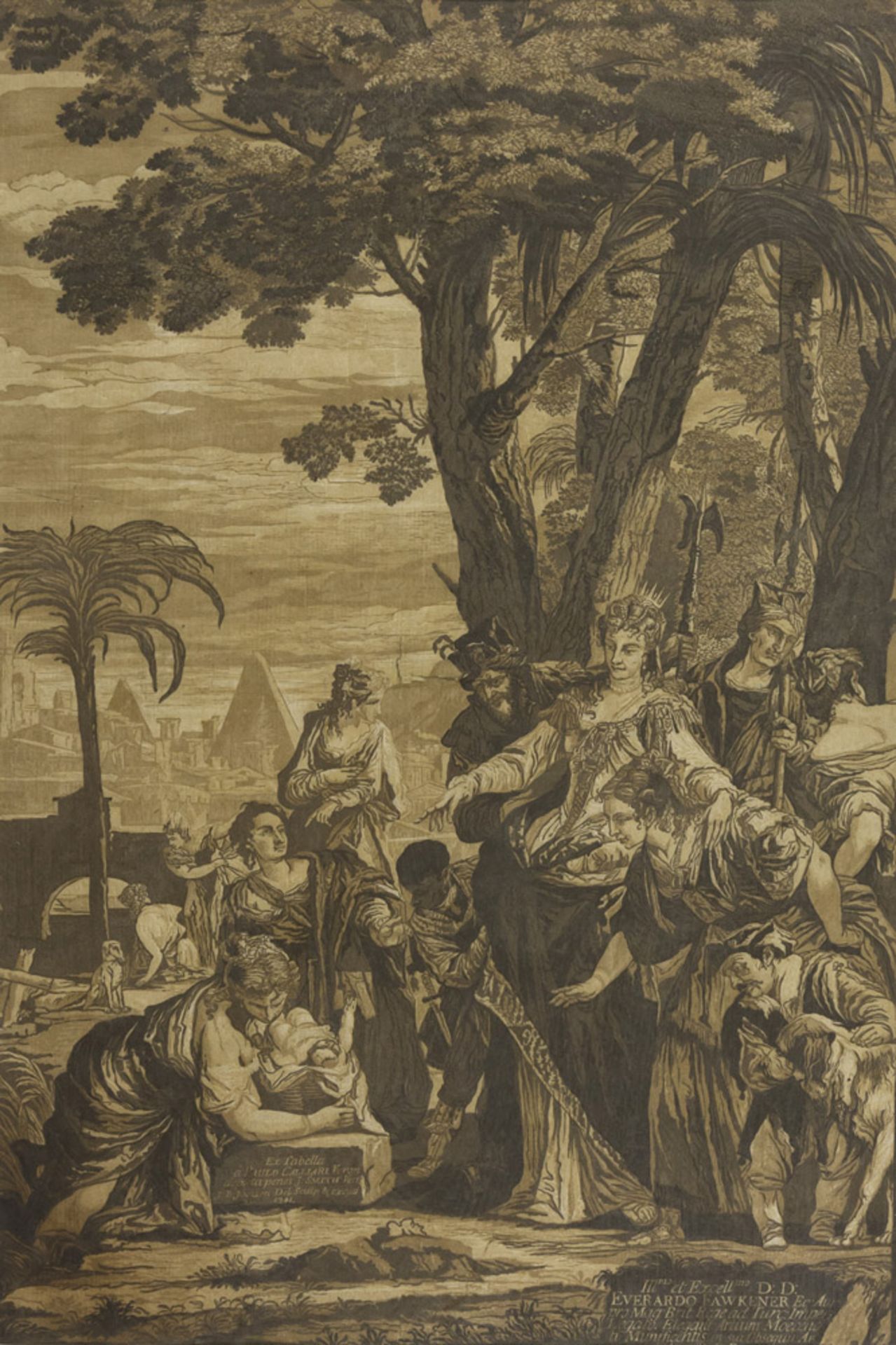 ENGLISH ENGRAVER, 18TH CENTURY RECOVERY OF MOSES, AFTER VERONESE Watercolored engraving, cm. 54 x 36