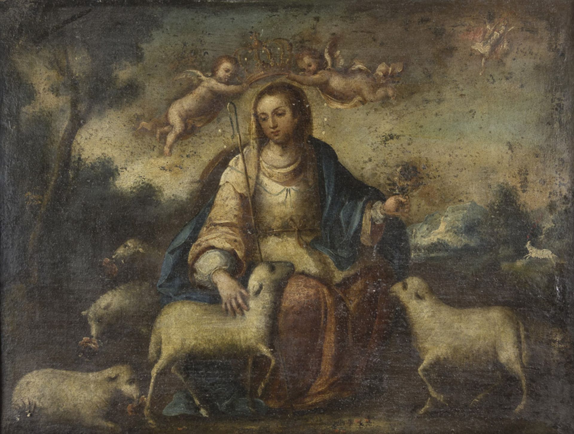 PAINTER FERRARESE, 17TH CENTURY SANT'AGNESE OR ALLEGORY OF THE MEEKNESS Oil on canvas, cm. 64 x 33,5