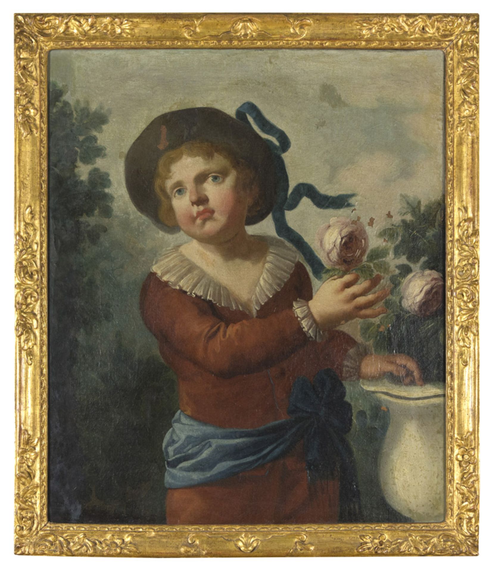 CIRCLE OF UBALDO GANDOLFI, 18TH CENTURY LITTLE BOY WITH CAP AND ROSE Oil on canvas, cm. 69,5 x 57,