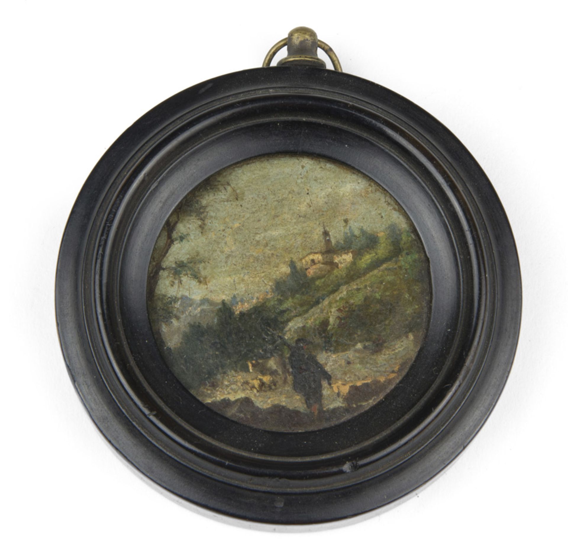 UNKNOWN PAINTER, EARLY 19TH CENTURY LANDSCAPE WITH SHEPHERD Circular oil on canvas applied on