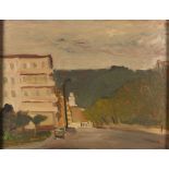 CARLO QUAGLIA (Terni 1903 - Roma 1970) Lungo Tevere, 1955-59 Olio su masonite, cm. 45 x 50 Firma