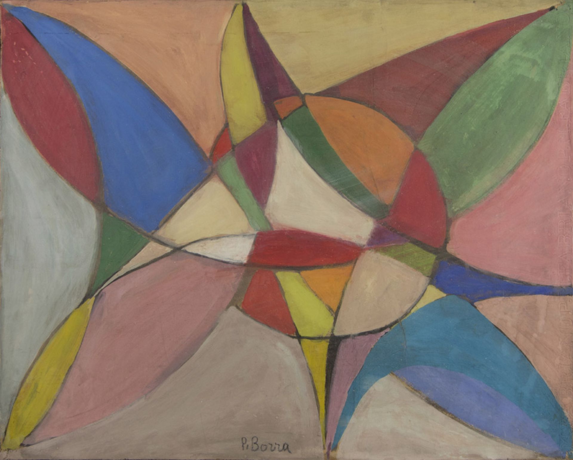 POMPEO BORRA (Milano 1898 - 1973) Composizione Tempera su carta intelata, cm. 40 x 50 Firma in basso