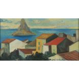 SARO MIRABELLA (Catania 1914 - Roma 1972) Paesaggio marino con case e scoglio Olio su tela, cm. 25,5
