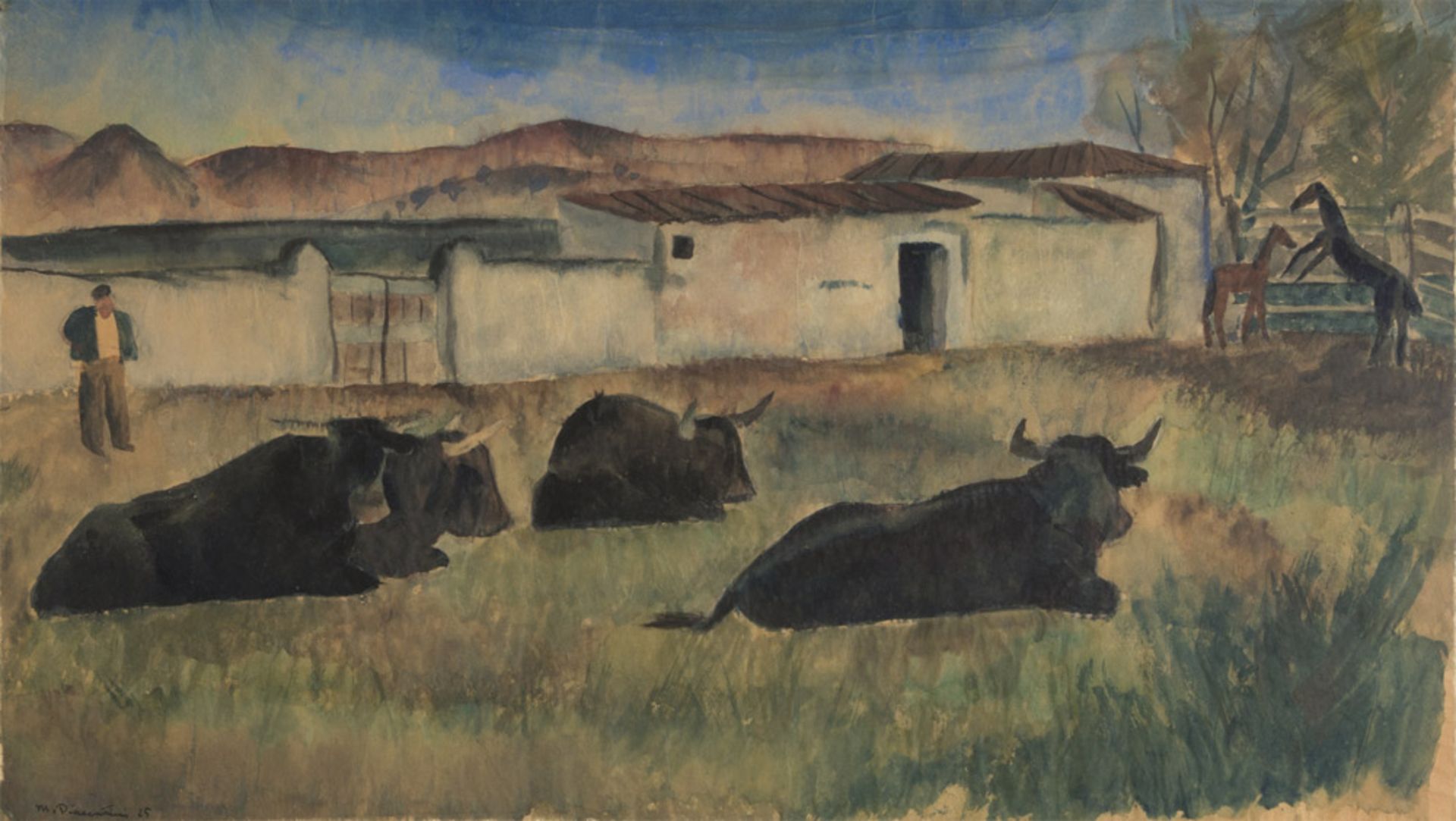 MARCELLO PIACENTINI (Roma 1881 - 1960) Paesaggio con contadino e armenti, 1925 Acquarello su