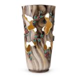 VASO IN CERAMICA, ROMETTI ANNI '50 smaltato a finta radica con fiori a rilievo e trafori astratti.