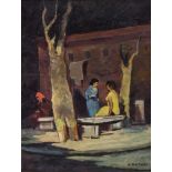 RENATO NATALI (Livorno 1883 - 1979) Donne in paese Olio su tavoletta, cm. 40 x 30 Firma in basso a