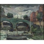 ACHILLE SDRUSCIA (Roma 1910 - 1994) Paesaggio con barca sul Tevere Olio su faesite, cm. 40 x 49