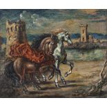 GIORGIO DE CHIRICO (Volos 1888 - Roma 1978) Due cavalli in un paese, fine anni '50 Olio su tela, cm.