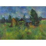 GIOVANNI OMICCIOLI (Roma 1901 - 1975) Paesaggio con casa e covone Olio su tela, cm. 40 x 55,5