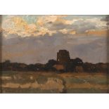 RENATO NATALI (Livorno 1883 - 1979) Paesaggio al tramonto Olio su tavoletta, cm. 24 x 33 Firma in