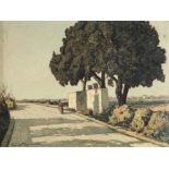 GINO ROMITI (Livorno 1881 - 1967) Viale alberato con figura Olio su masonite, cm. 29 x 39 Firma in