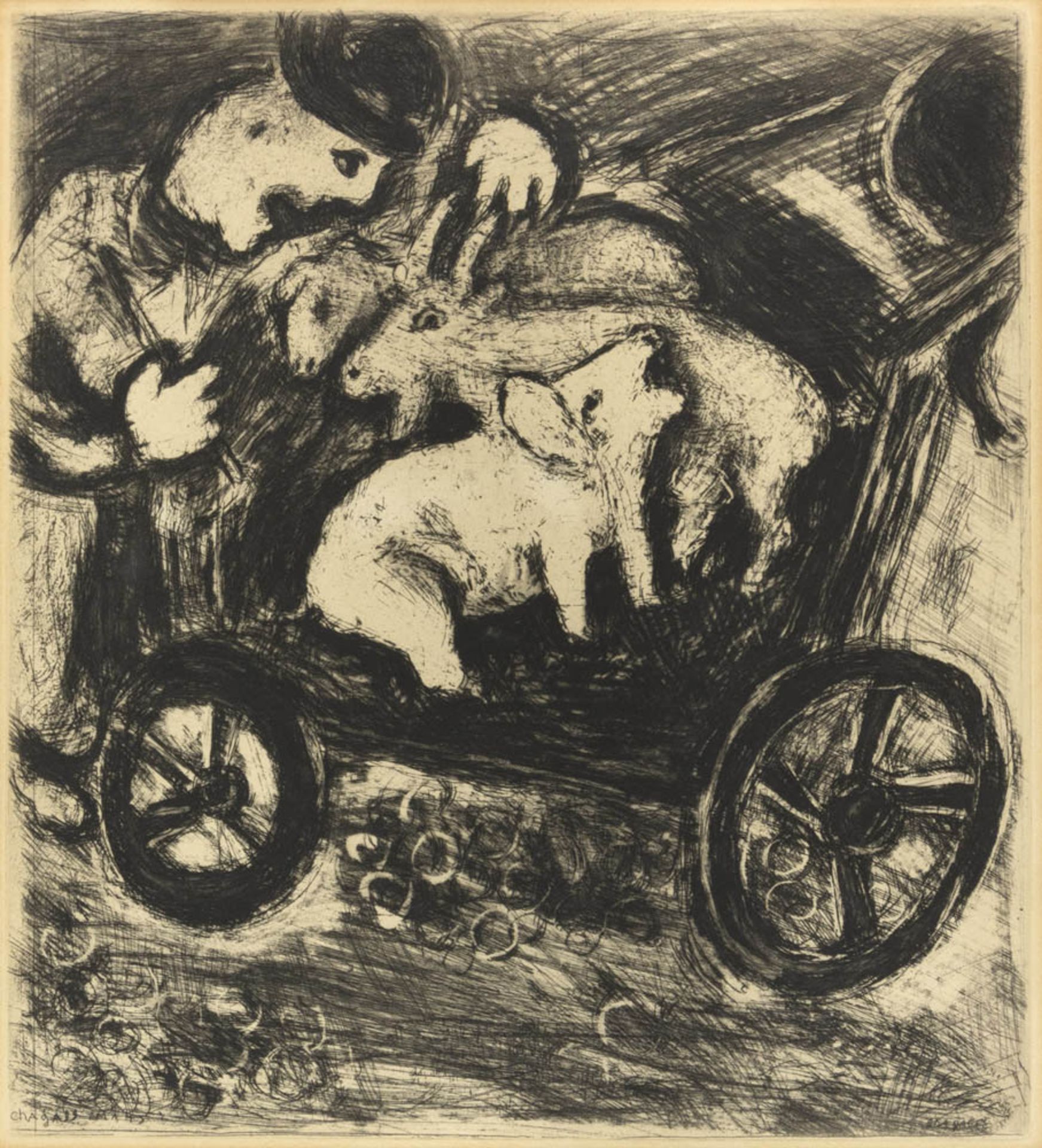 MARC CHAGALL (Vitebsk 1887 - Saint-Paul-de-Vence 1985) Animali in un carretto Acquaforte, ex. nd.