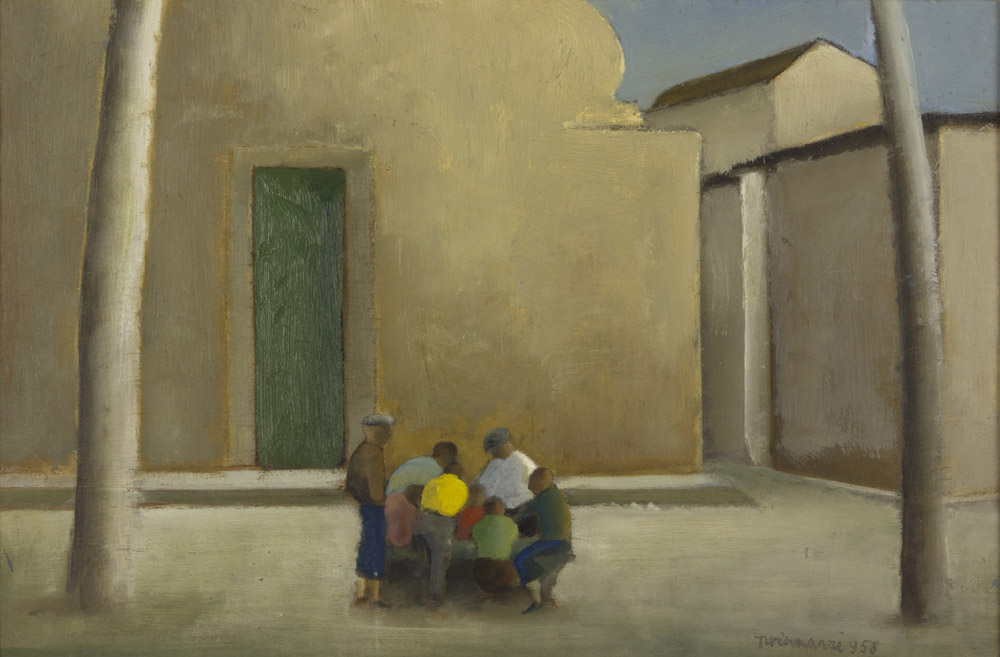 NINO TIRINNANZI (Greve in Chianti 1923 - 2002) Il gioco della toppa, 1958 Olio su tavoletta, cm.