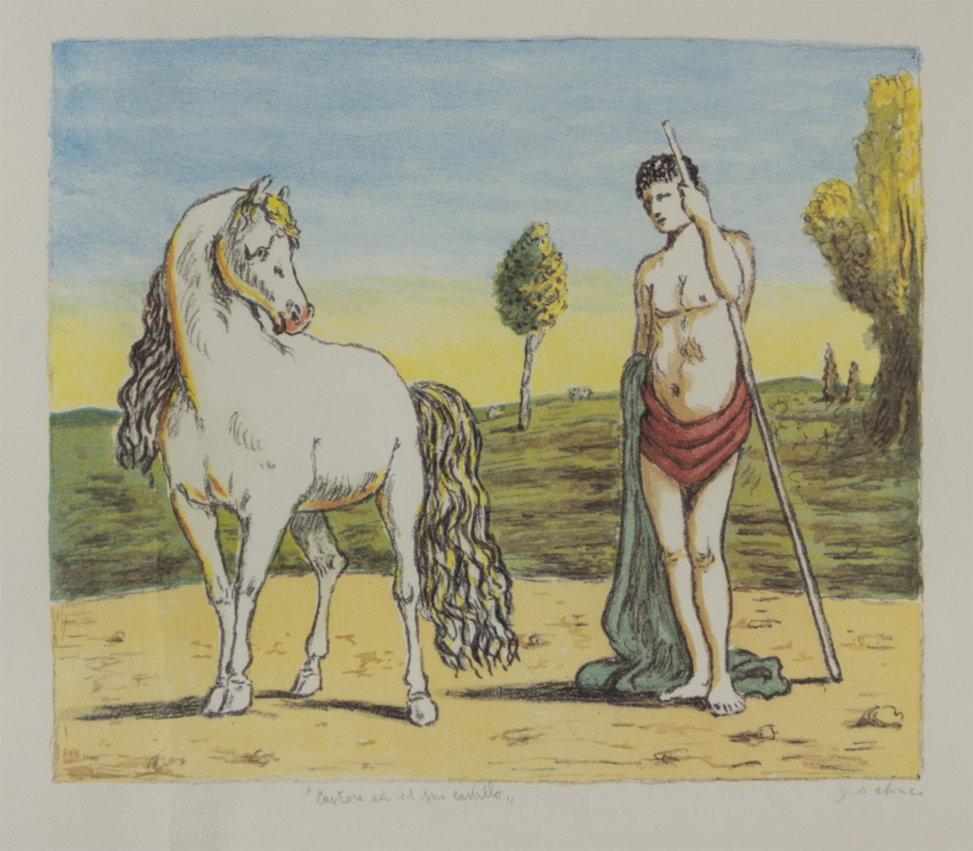 GIORGIO DE CHIRICO (Volos 1888 - Roma 1978) Castore e il suo cavallo, 1970 Litografia a colori,