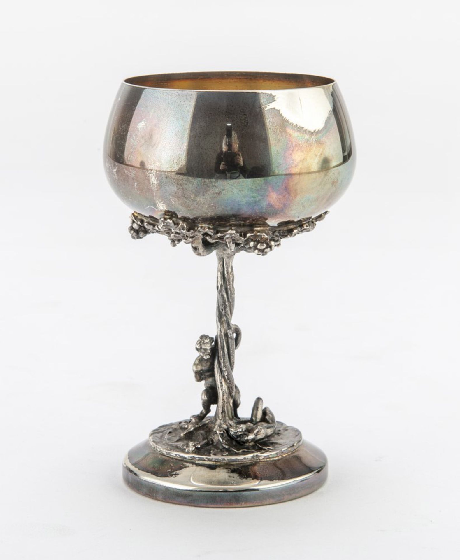 SMALL SILVER CUP, PUNCH ALEXANDRIA POST 1968 inside gilded, stem to tree with figure of Faun.