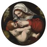 SCHOOL LOMBARDA, 16TH CENTURY THE VIRGIN OF THE GREEN PILLOW Oil on circular panel, diameter cm.