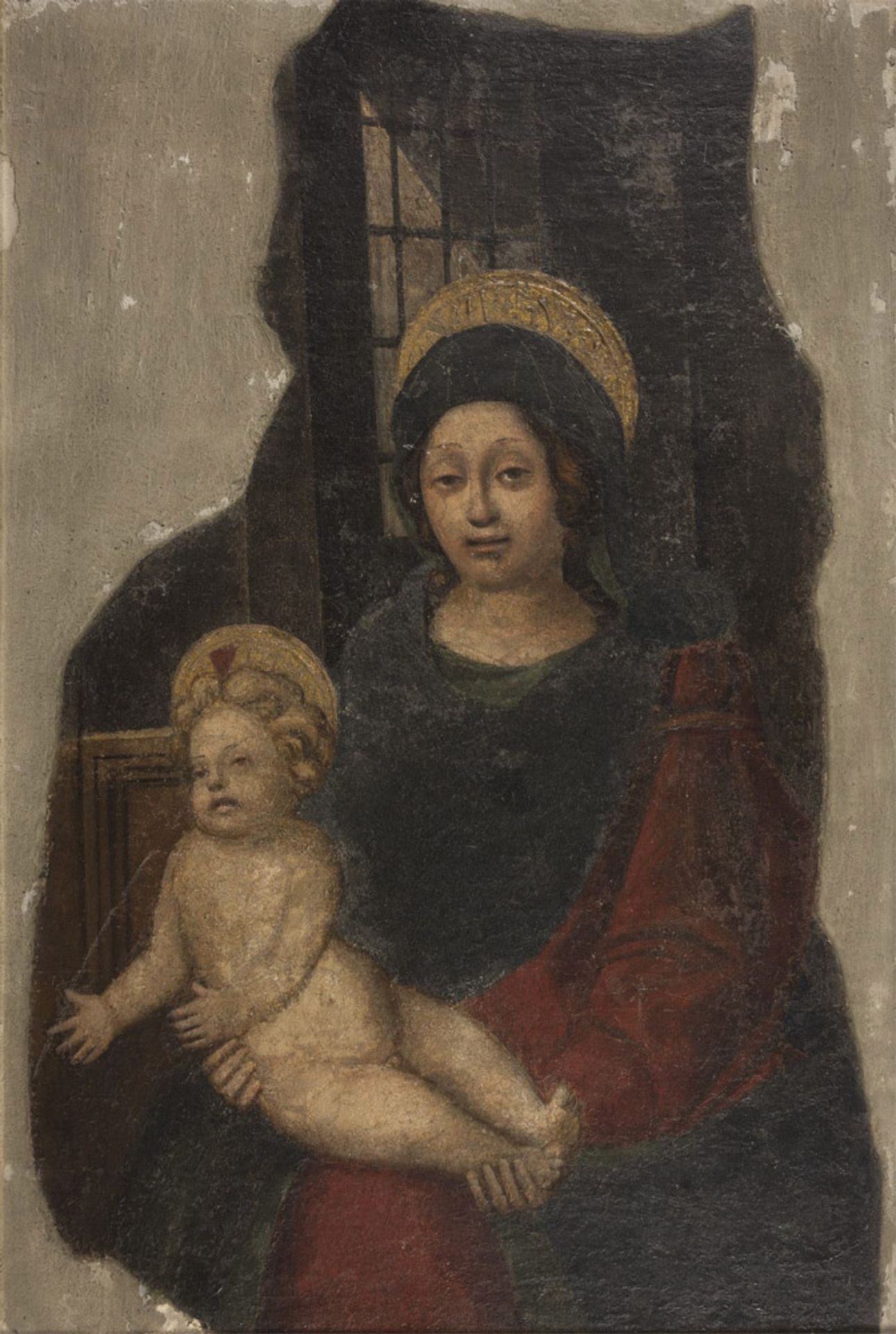 TUSCAN PAINTER, END 15TH CENTURY VIRGIN AND CHILD Tear of fresco on canvas, cm. 91 x 60 Framed